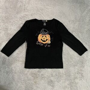 Sweaterworks Blouse Womens Size PL Black Ribbed‎ Beaded Pumpkin Halloween Shirt